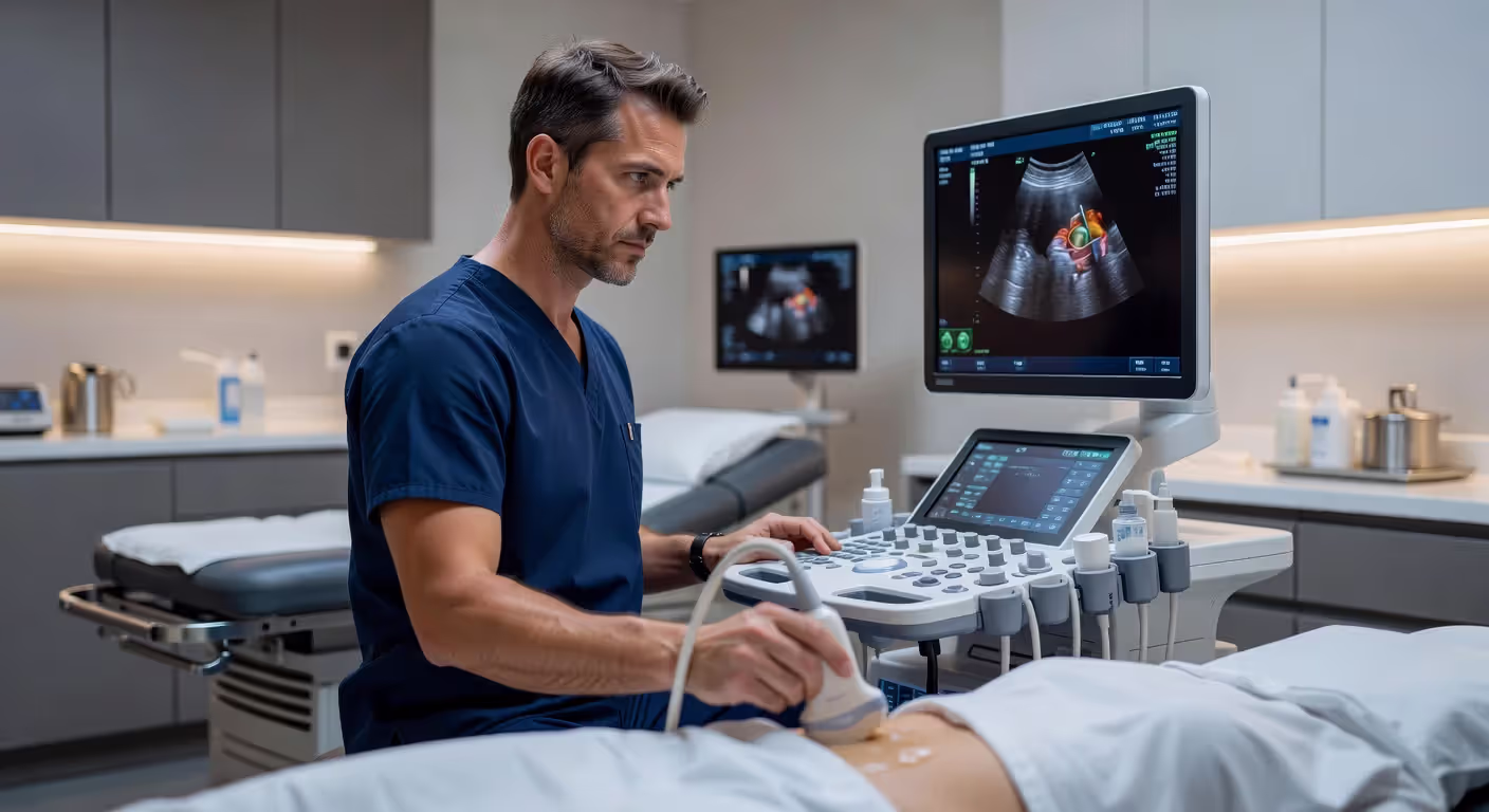 Ultrasound technician performing diagnostic imaging procedure