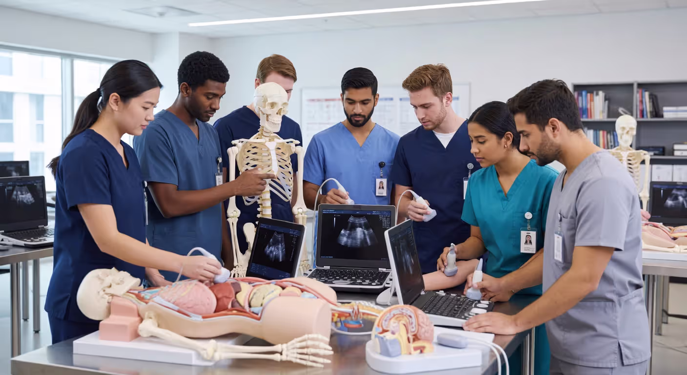 Students learning ultrasound techniques in an accredited sonography program