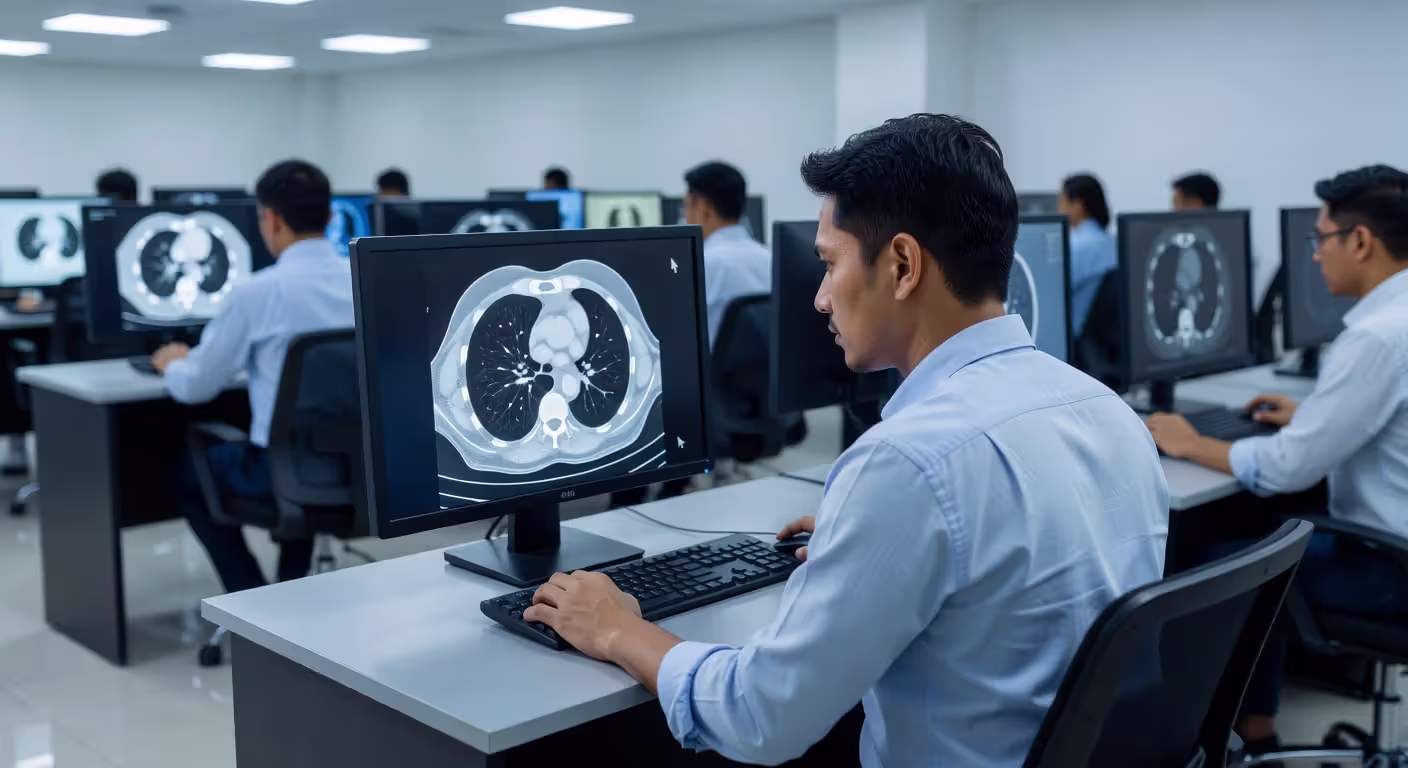 Ultrasound technician taking ARDMS certification examination