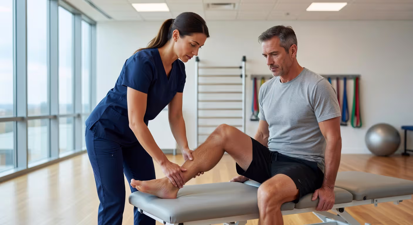 Physical therapist assisting patient during rehabilitation session