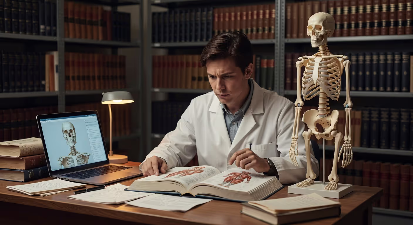 Physical therapy student studying anatomy and clinical materials