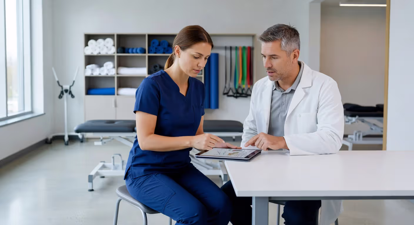 Physical therapist reviewing patient progress and treatment documentation