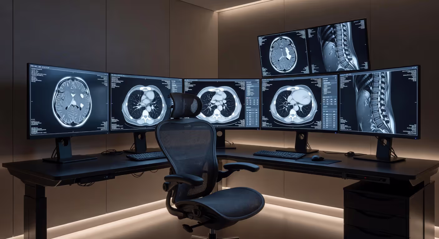 Radiologist workstation with multiple diagnostic imaging monitors