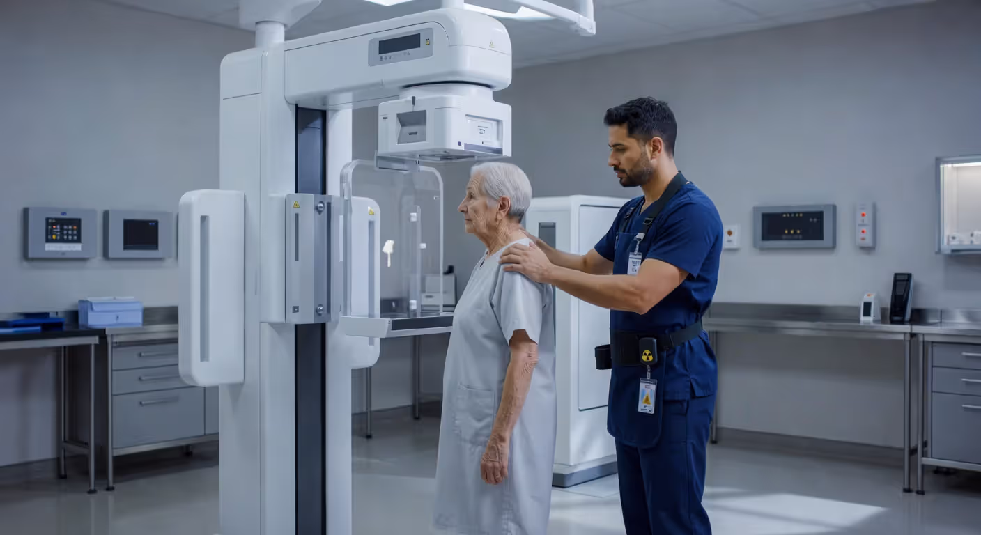 Radiology technician preparing patient for X-ray imaging