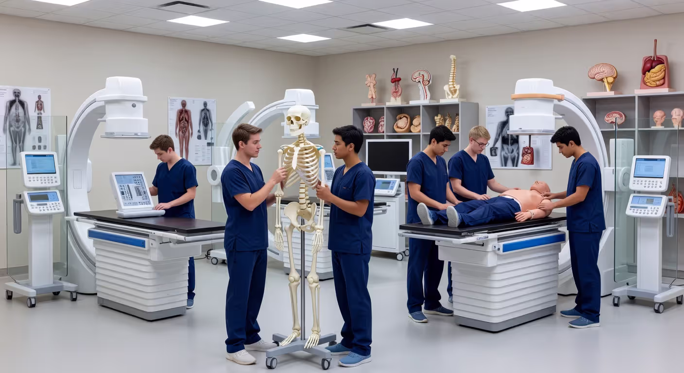 X-ray technician students practicing patient positioning in a training lab
