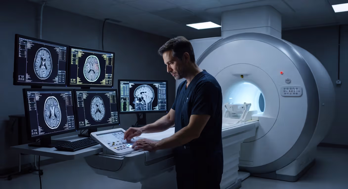 MRI technologist preparing a patient for a magnetic resonance imaging scan
