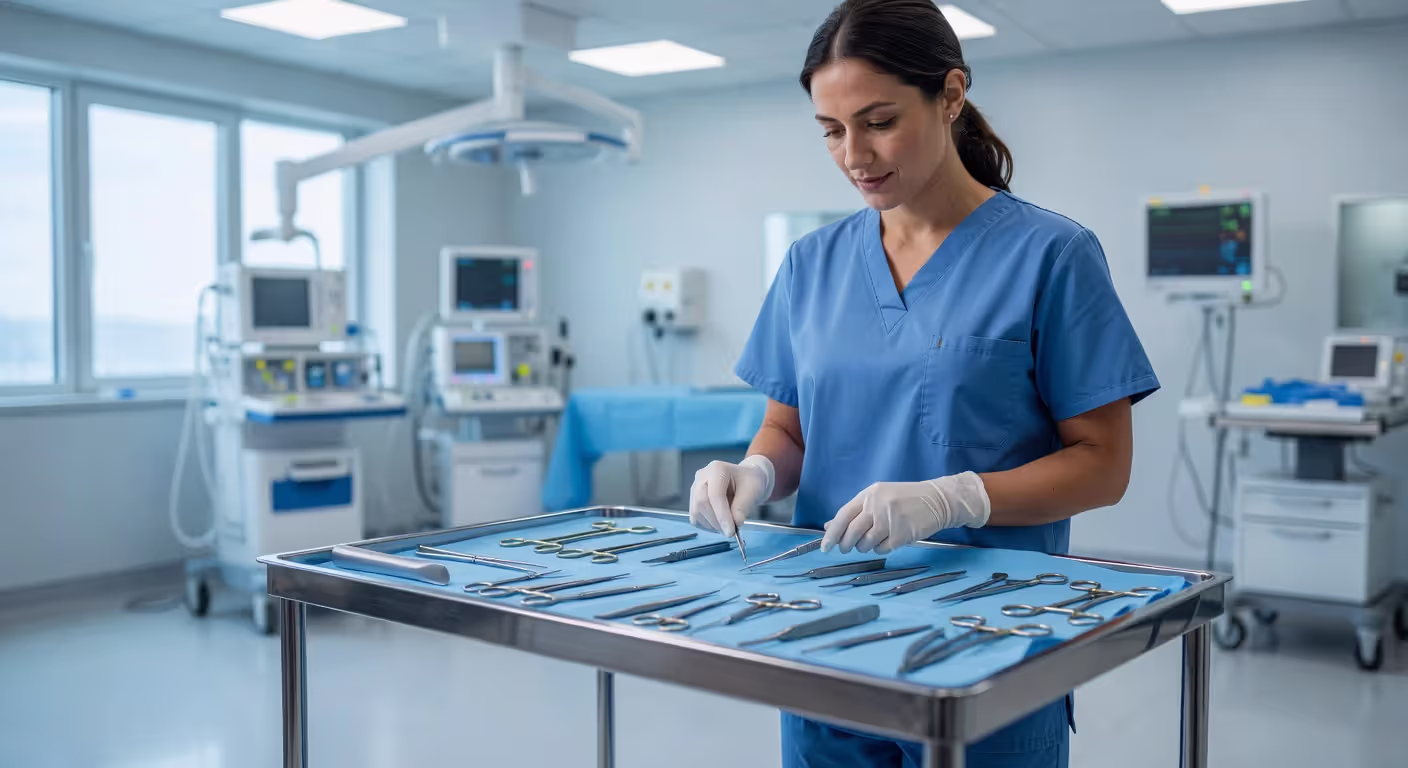 Surgical technologist preparing instruments in operating room