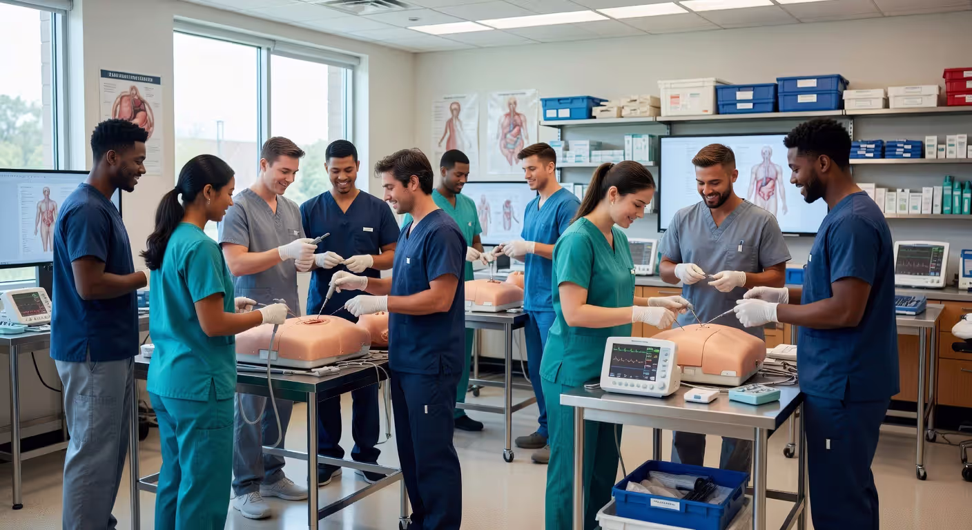 Surgical tech students during hands-on training session