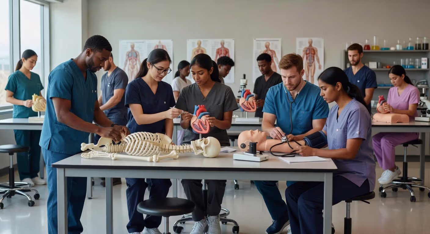 Graduate students studying anesthesia equipment and anatomy in medical classroom