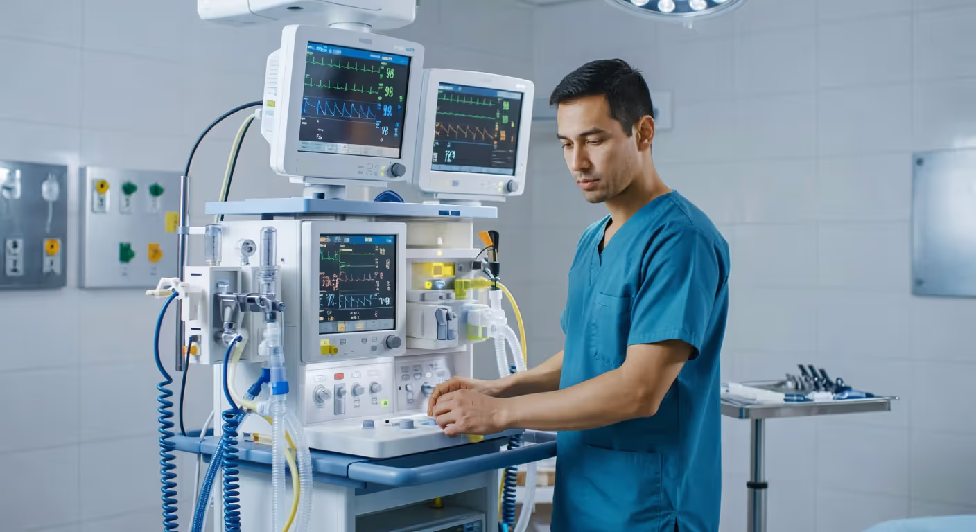 Anesthesiologist assistant working with monitoring equipment in surgical suite