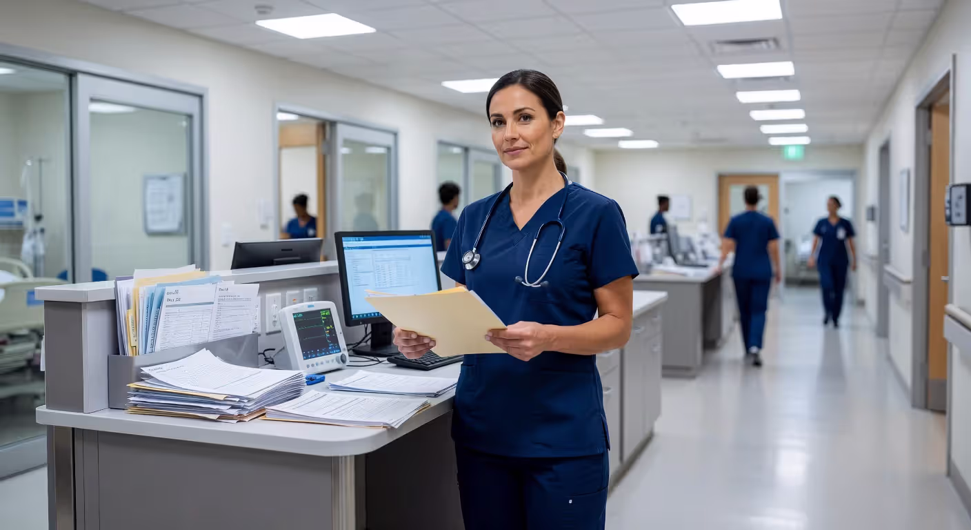LPN reviewing patient information at work
