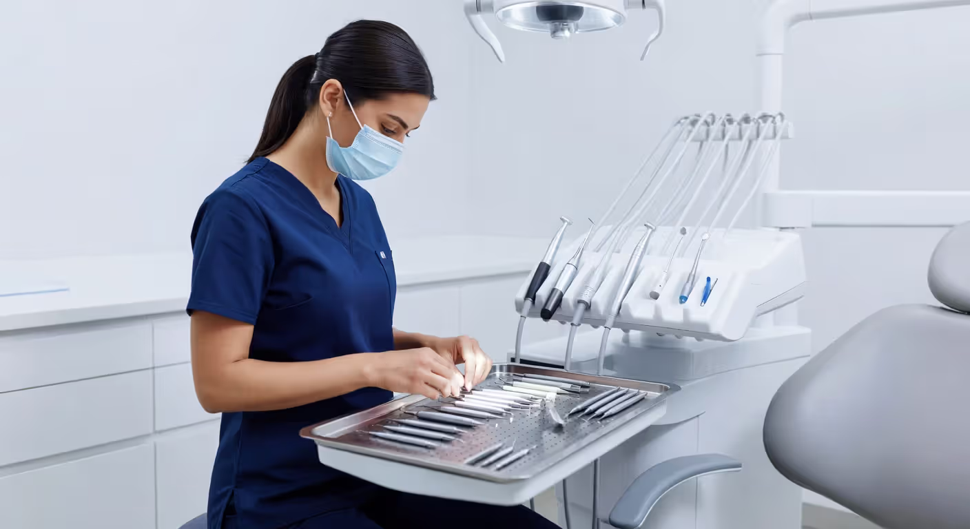 Dental assistant preparing treatment room