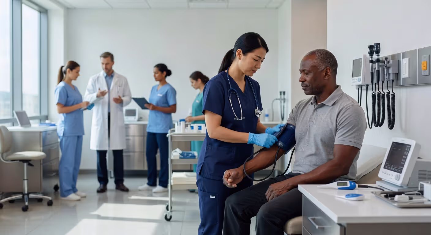Medical assistant checking patient vitals in clinical setting