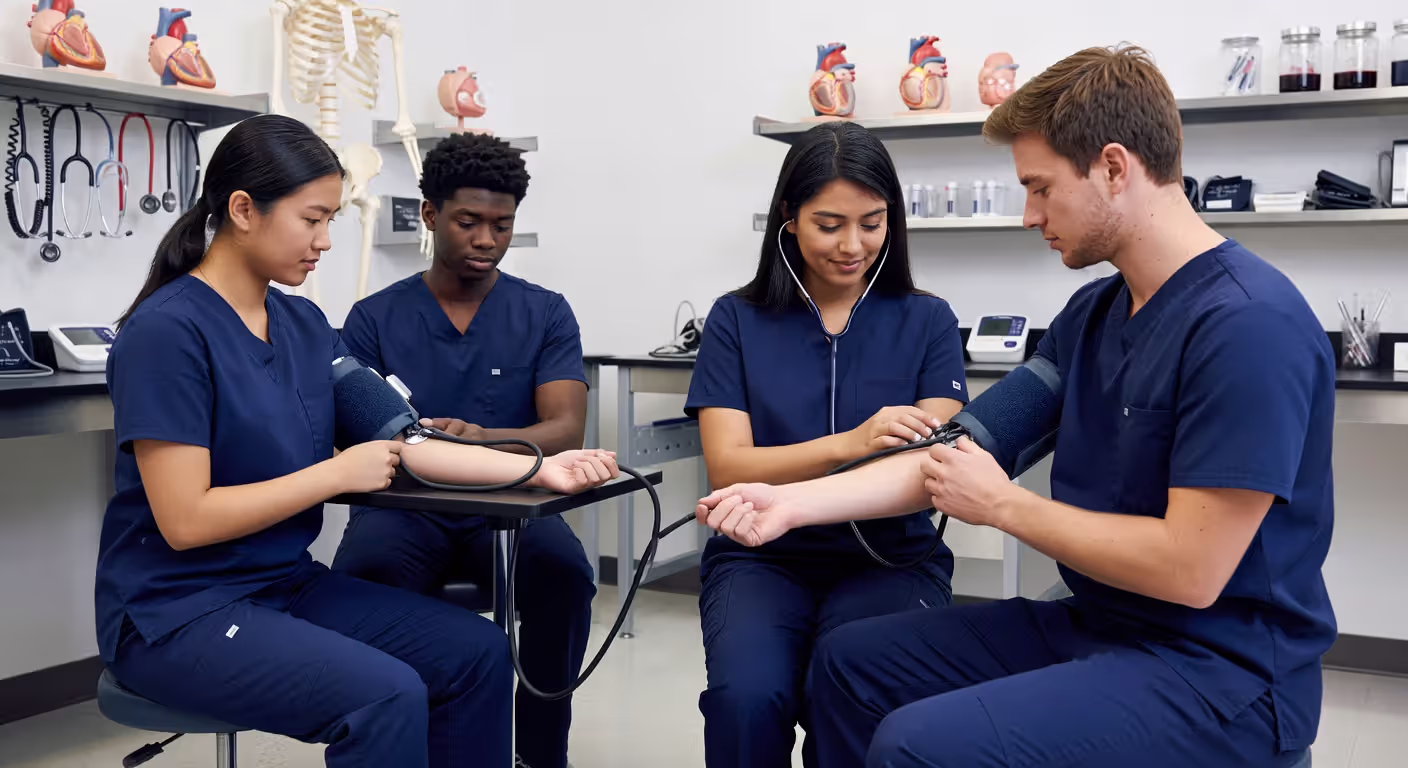 Medical assistant students practicing clinical skills in training laboratory