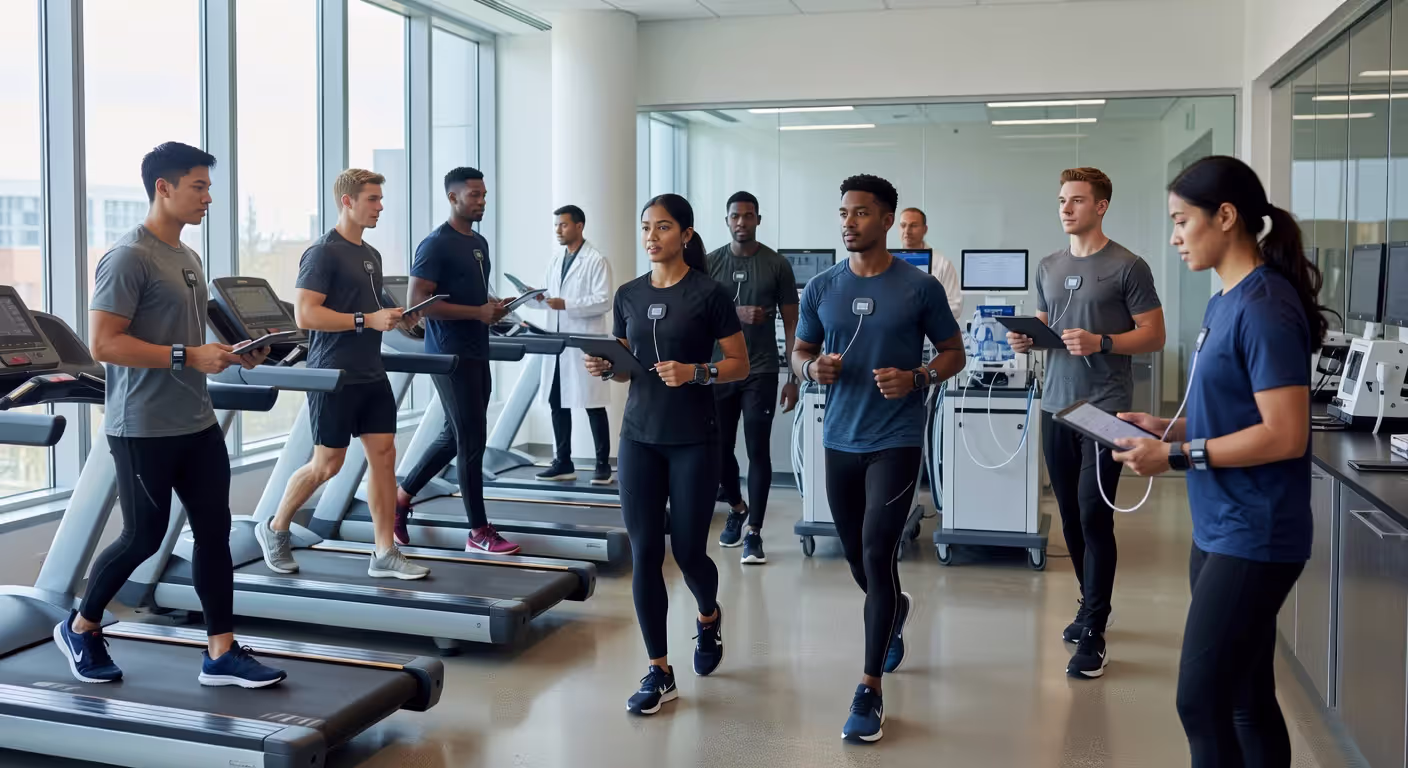 Students and researchers conducting exercise physiology lab testing