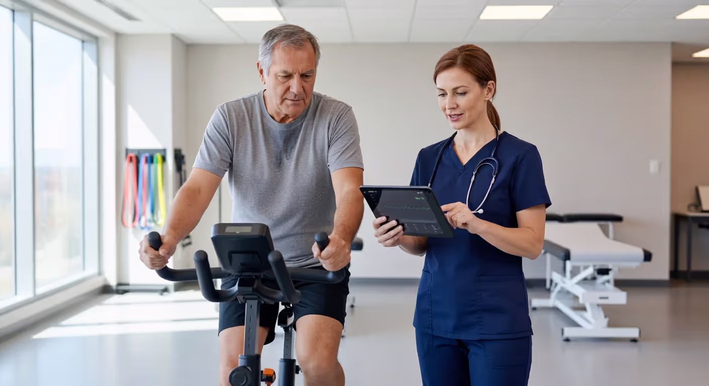 Exercise physiologist conducting patient assessment in clinical setting