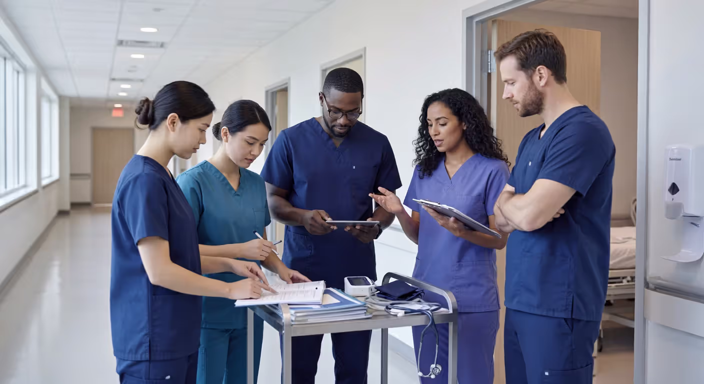 Nursing students collaborating in clinical setting