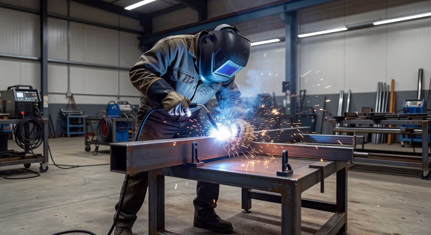 Professional welder performing arc welding in industrial workshop