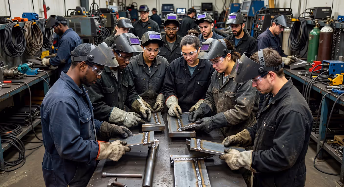 Welding students learning in technical training facility