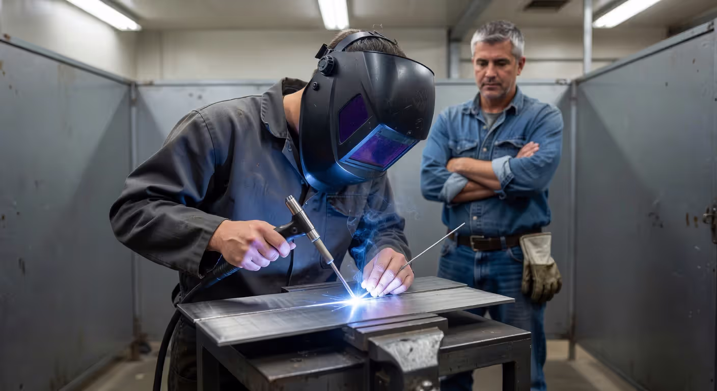 Welding student practicing TIG welding under instructor supervision