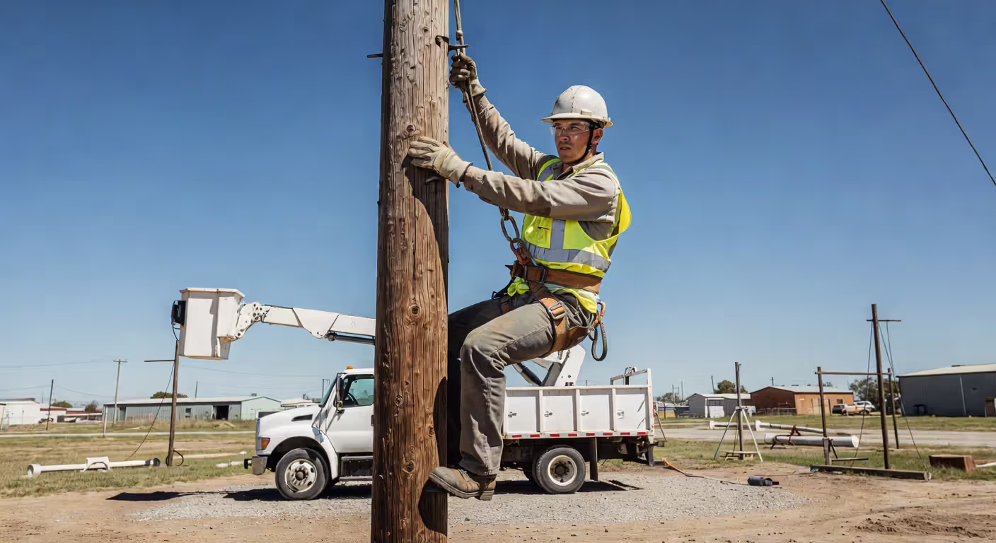 Lineman student practicing pole climbing techniques during training