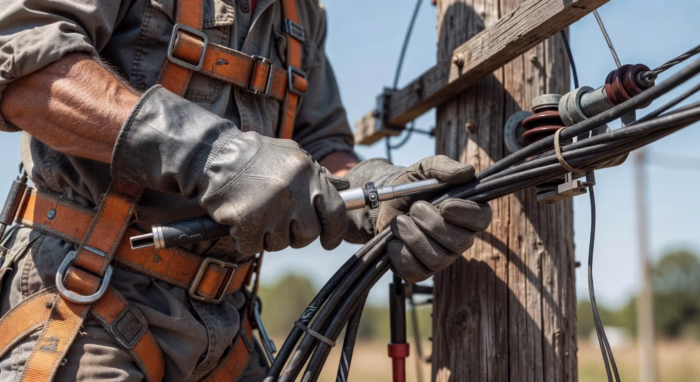 Lineman demonstrating proper safety equipment and tool handling techniques