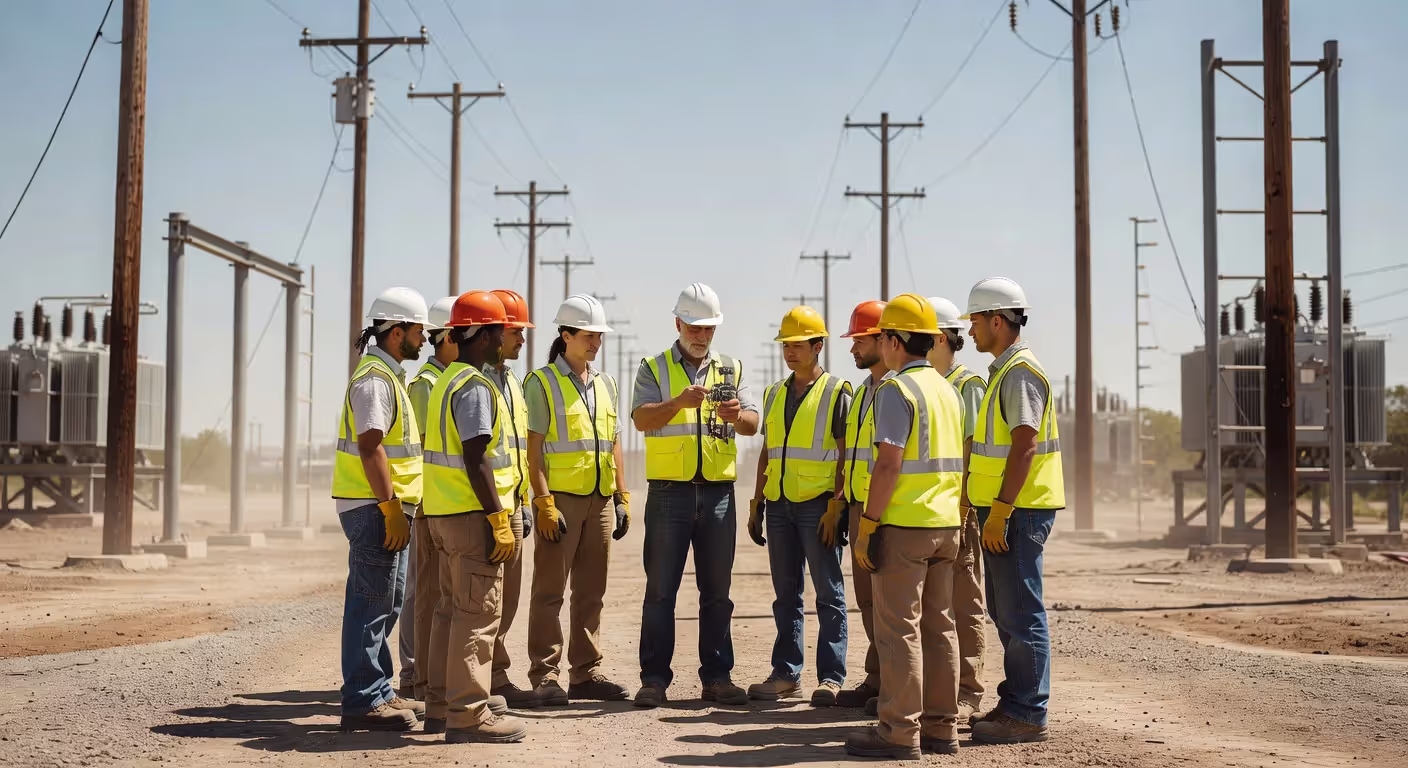 Lineman instructor teaching safety procedures to students in training yard