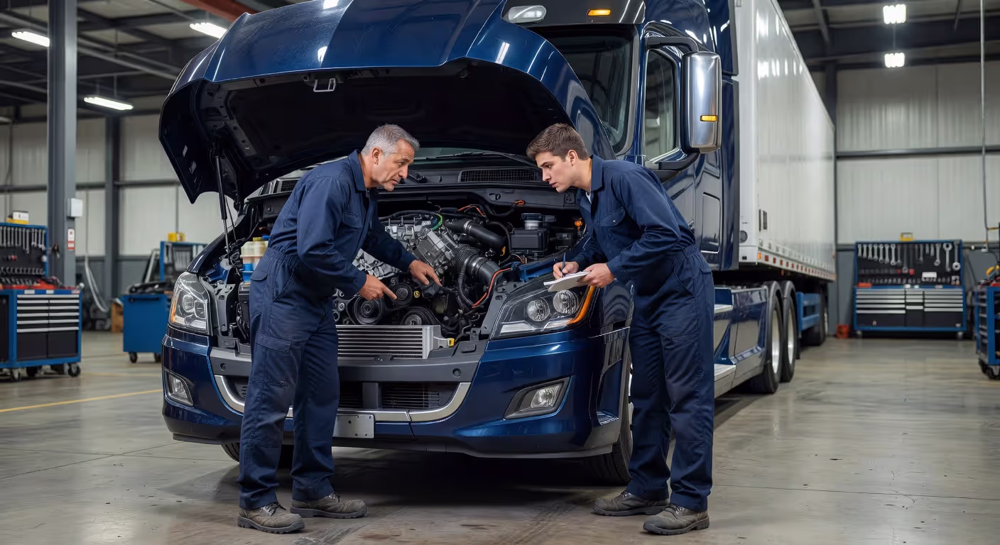 CDL student learning pre-trip inspection with instructor
