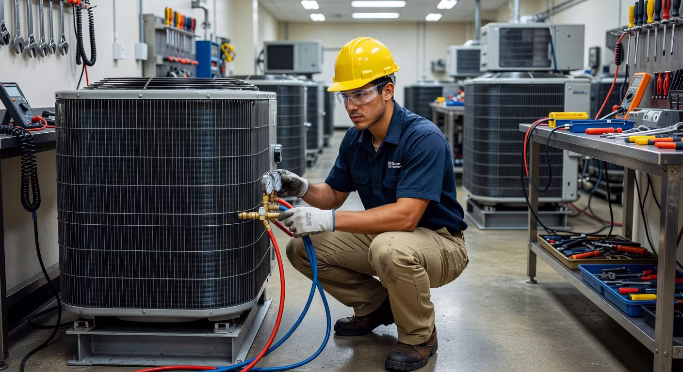 HVAC student practicing on air conditioning equipment in training lab