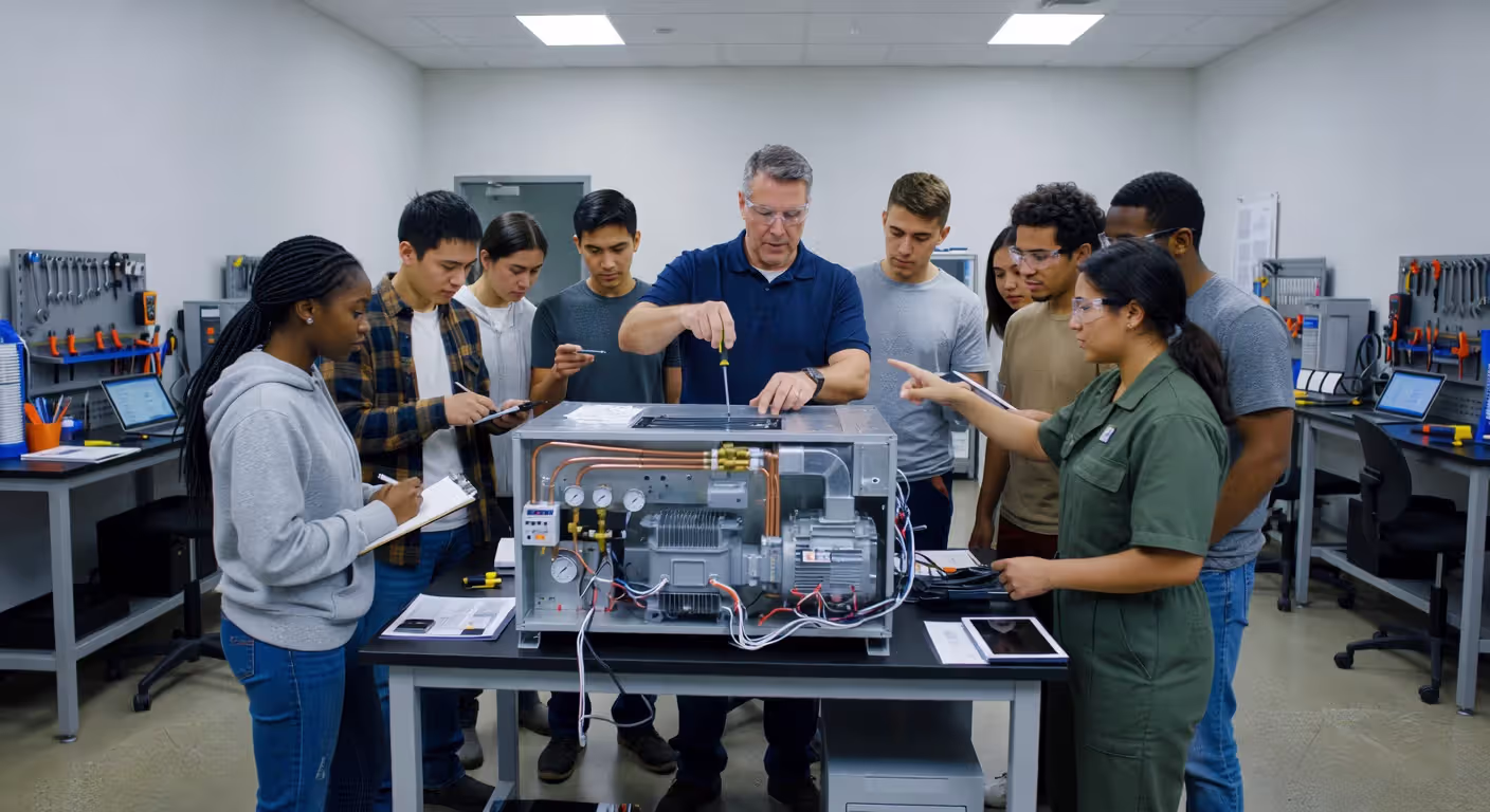HVAC students learning in hands-on training classroom environment