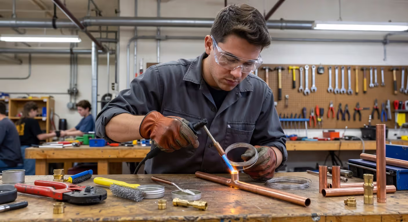 Student learning soldering techniques in plumbing trade school