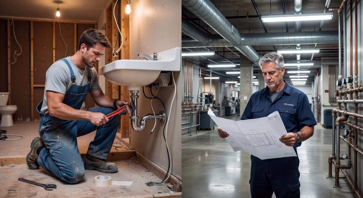 Apprentice and master plumber working on different plumbing projects