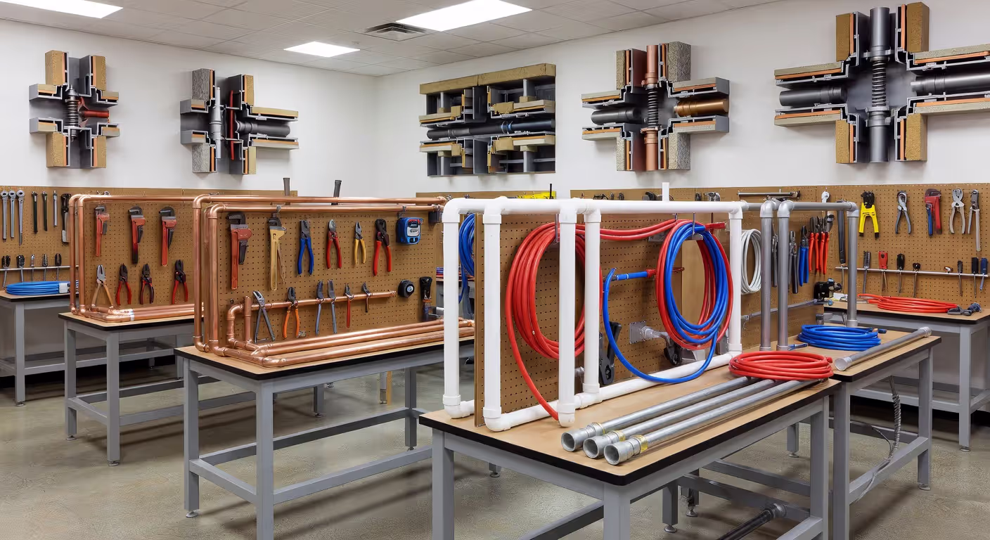 Well-equipped plumbing school training facility with multiple workstations