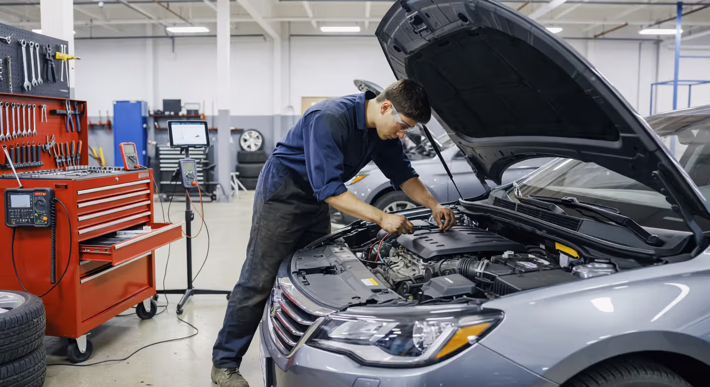 Student training in automotive mechanic school workshop