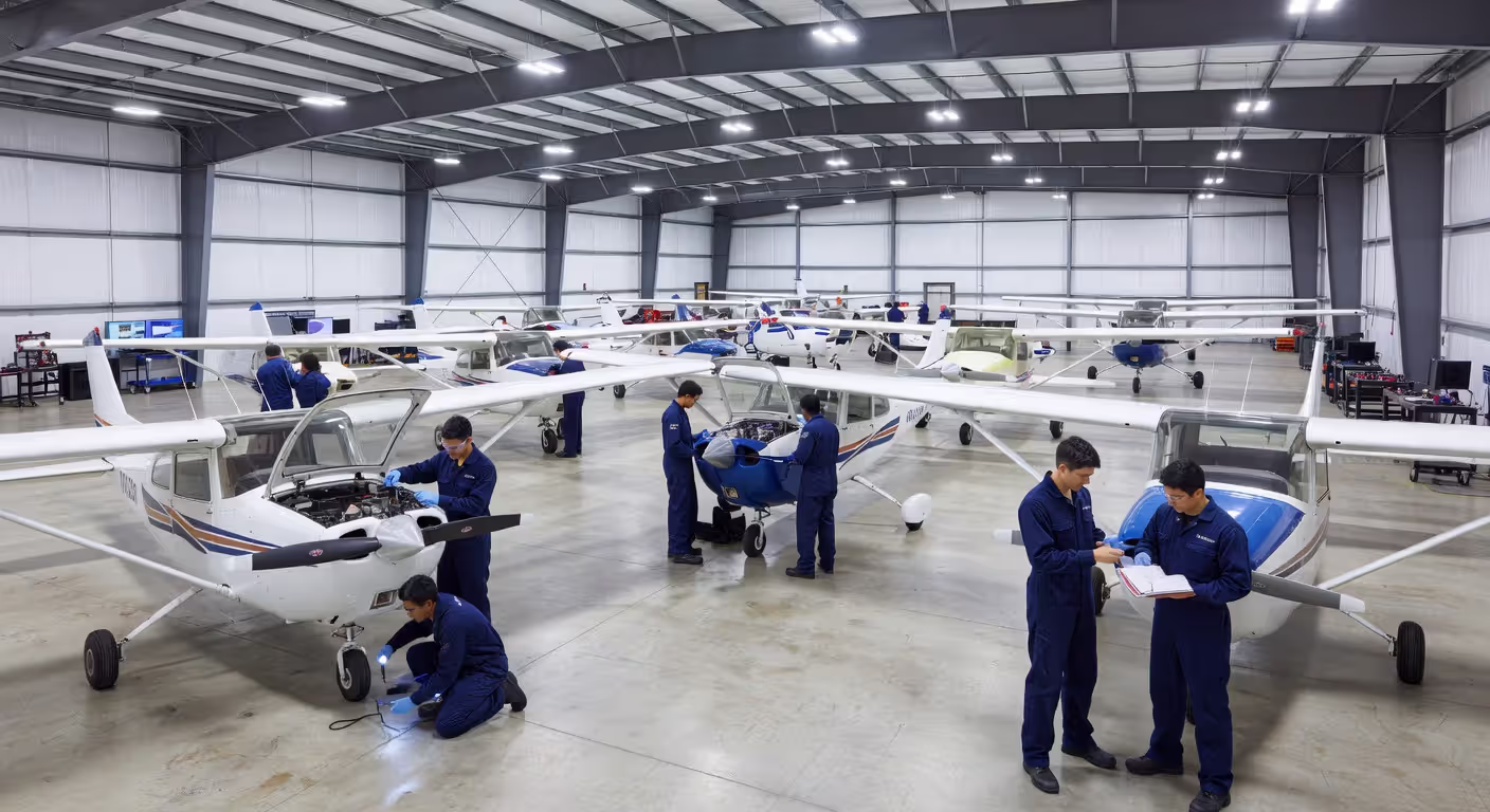 Aviation school hangar with students working on aircraft maintenance