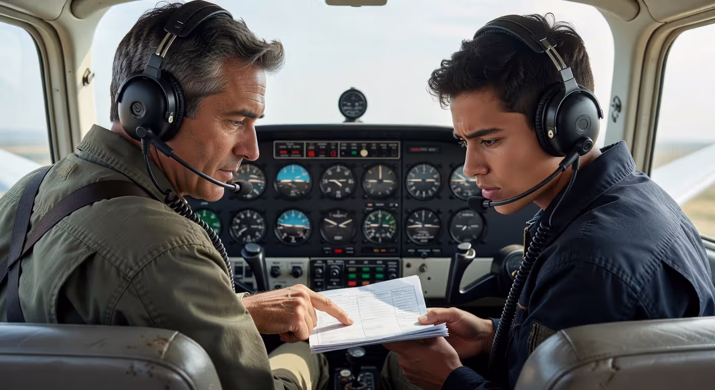 Flight instructor and student pilot conducting pre-flight checklist review
