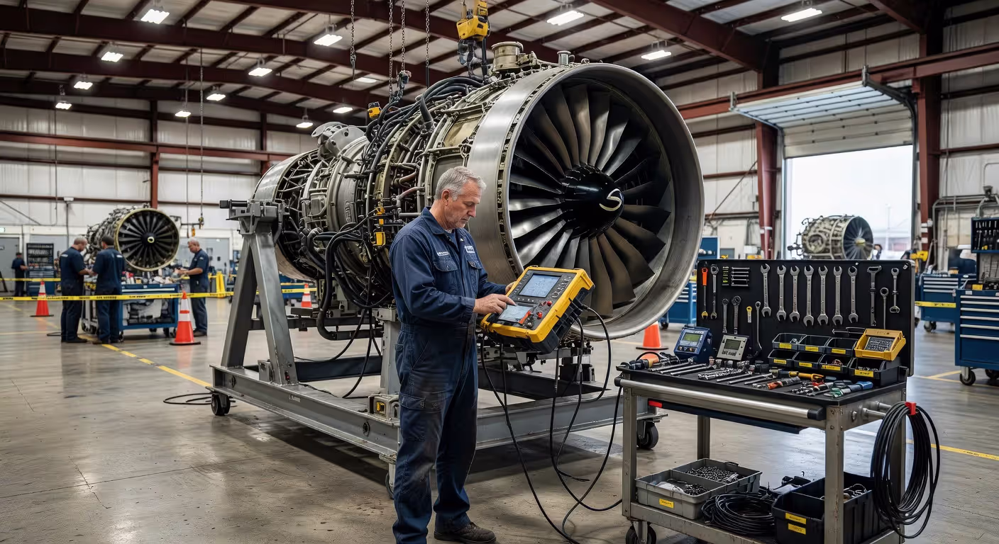 Aviation mechanic performing diagnostic work on aircraft jet engine