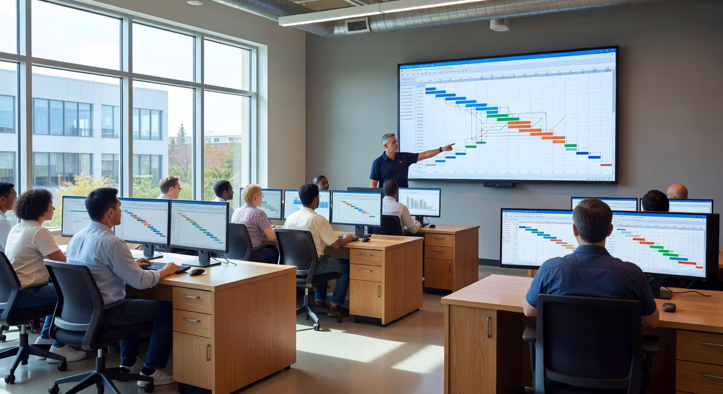 Students learning construction management software in classroom setting
