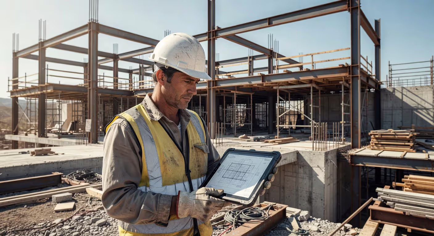 Construction manager using technology on job site