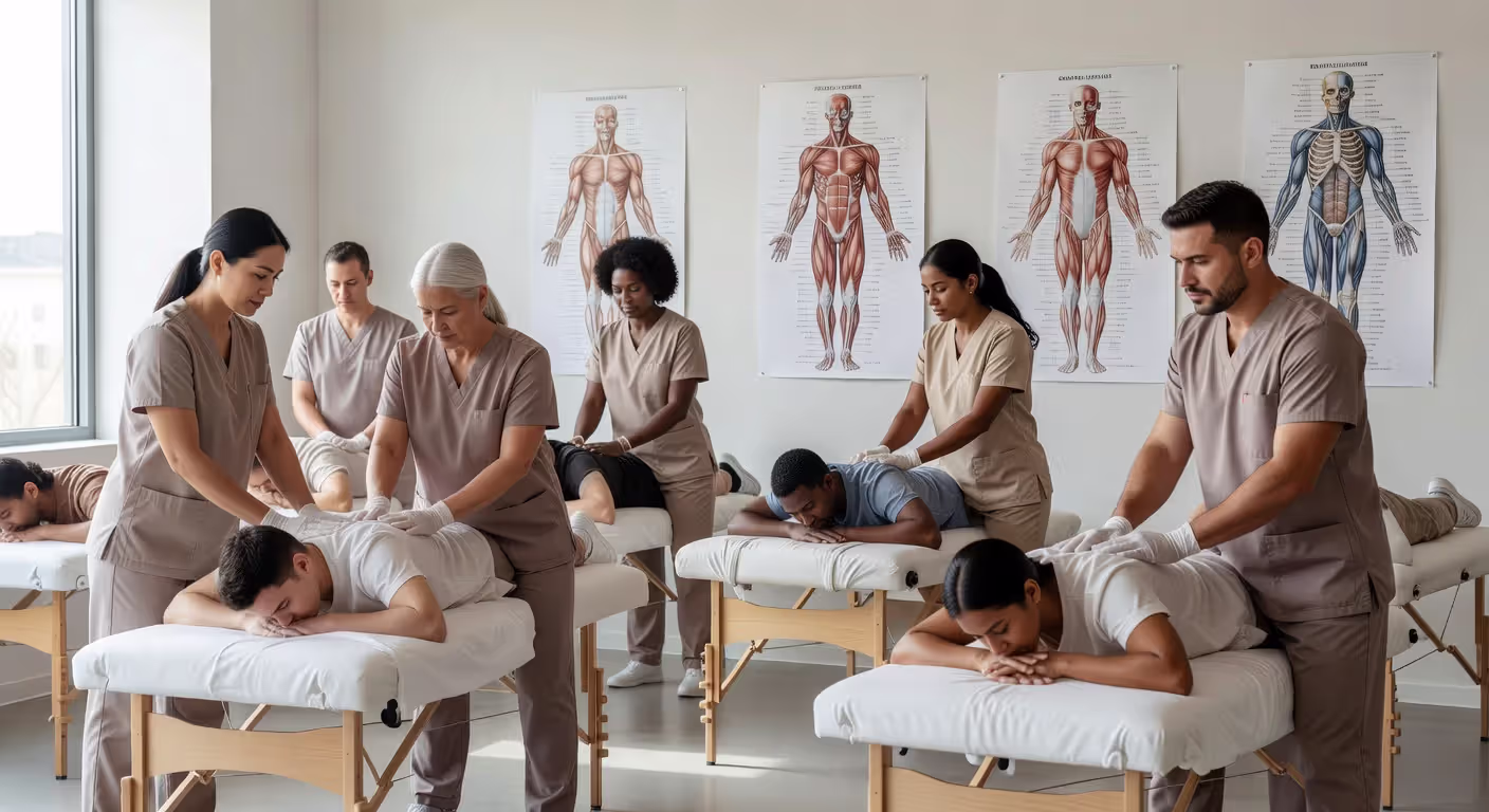 Massage therapy students practicing hands-on techniques in a training classroom