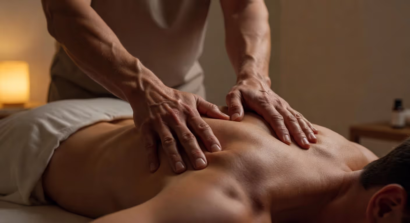 Licensed massage therapist demonstrating proper hand positioning during a deep tissue session