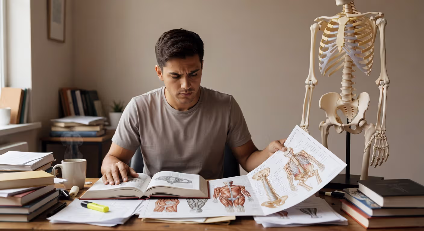 Student studying anatomy and physiology materials for massage therapy training