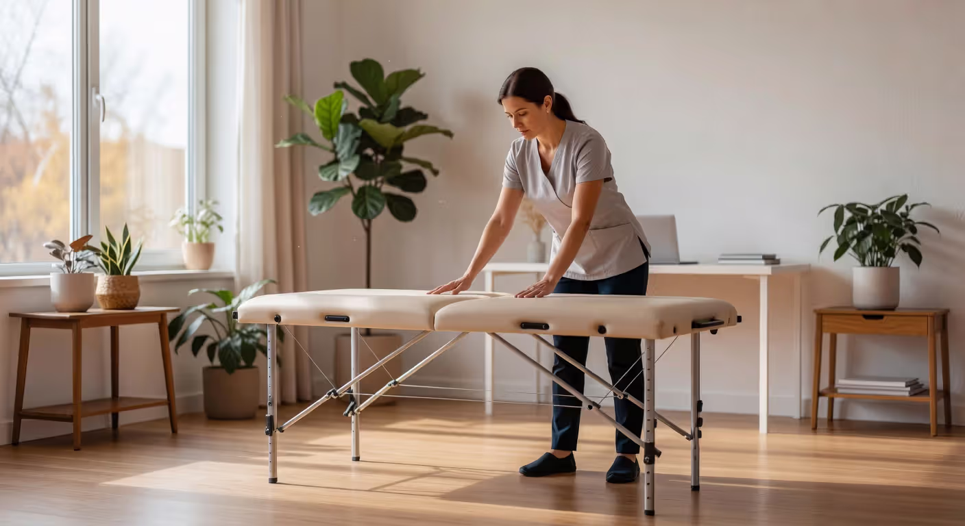 Self-employed massage therapist preparing treatment space in a home-based practice