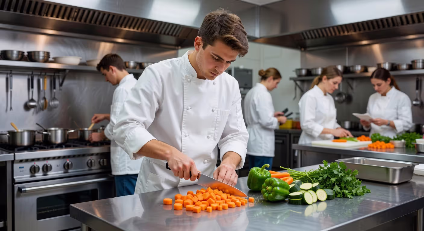 Culinary student practicing knife techniques in professional training kitchen