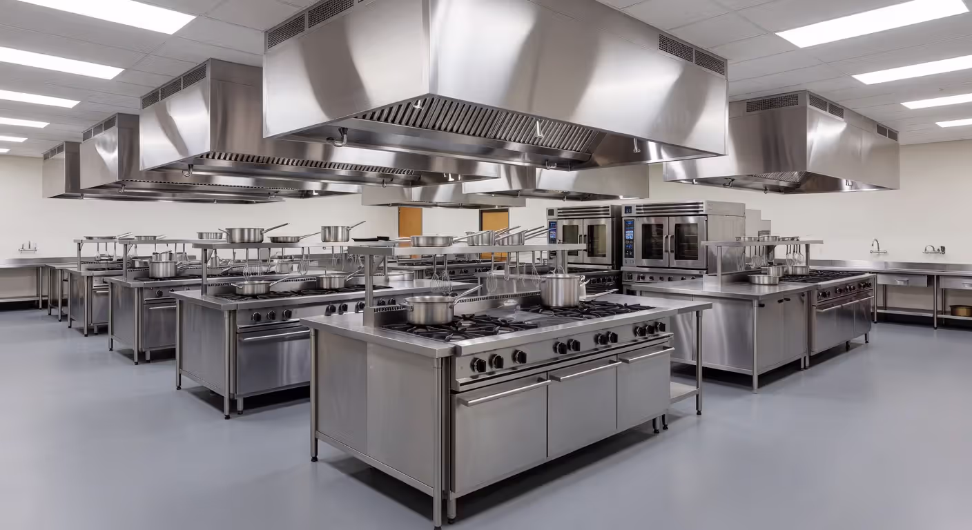 Modern culinary school training kitchen with professional-grade equipment