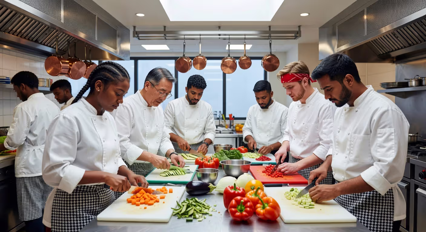 Culinary students collaborating on food preparation in training kitchen