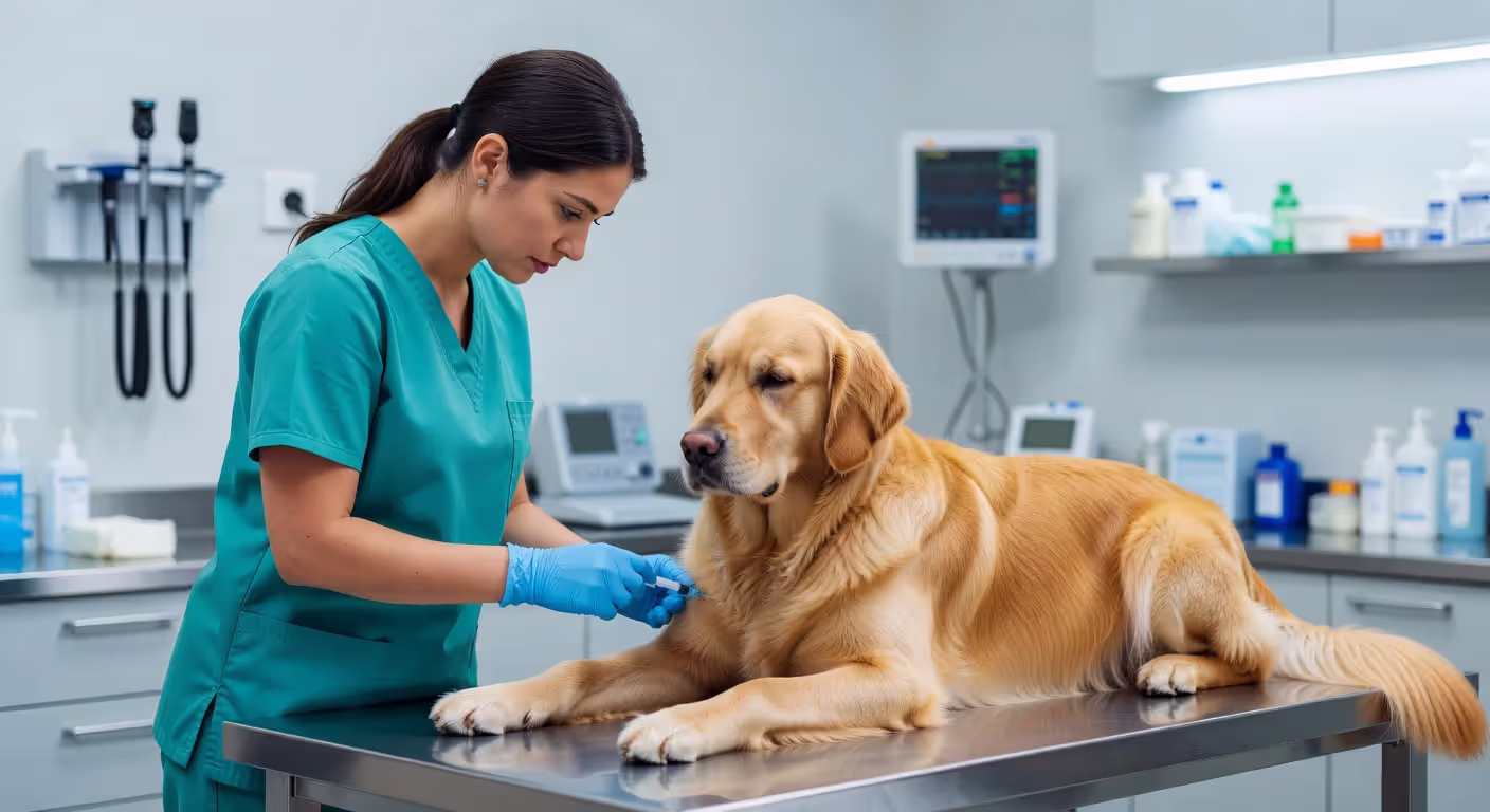 Veterinary technician performing blood draw on dog in clinic