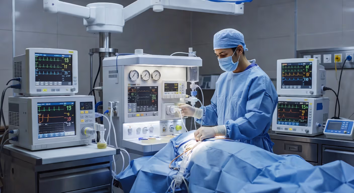 Vet tech monitoring anesthesia during surgery
