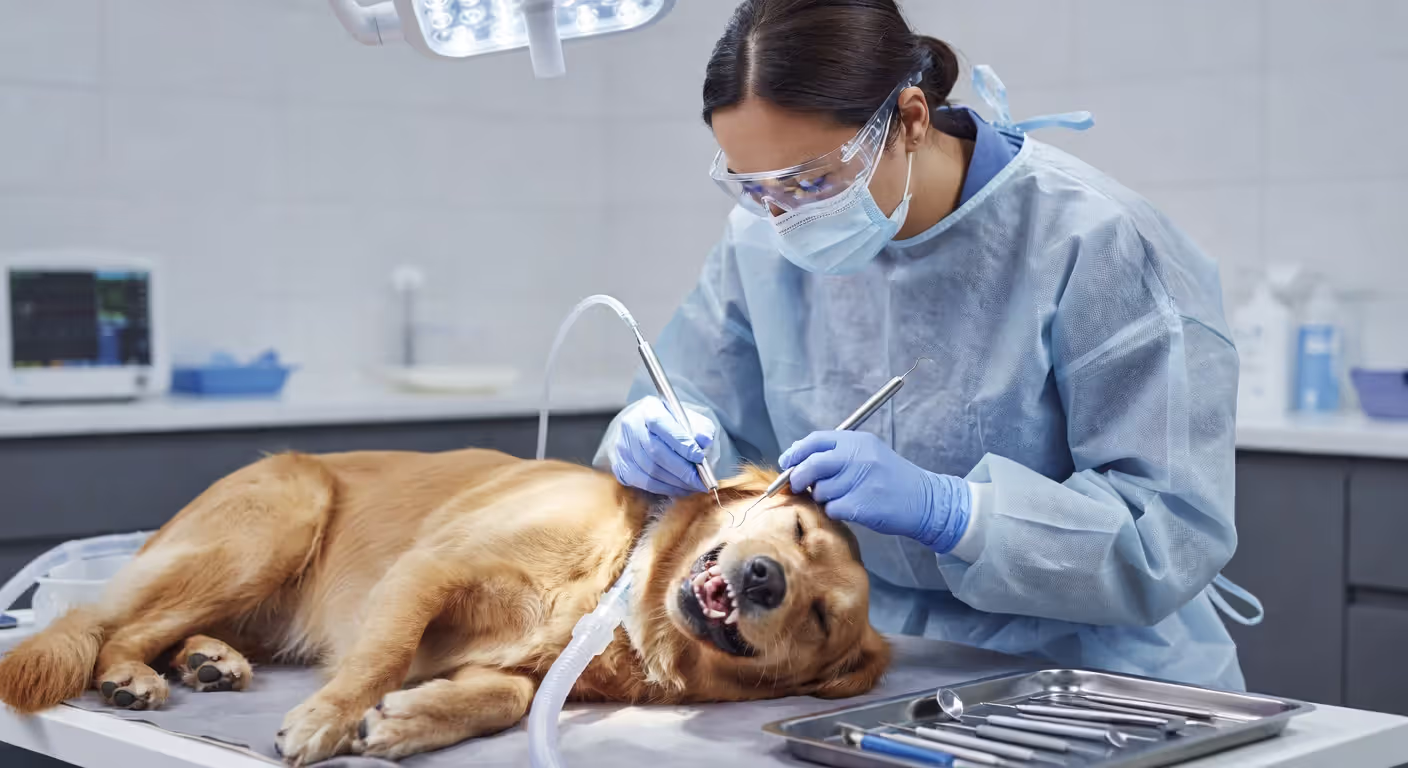 Vet tech performing dental procedure on dog