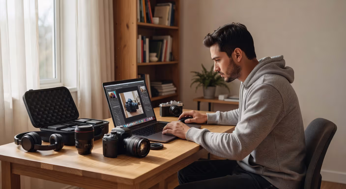 Photographer taking online photography classes at home workstation